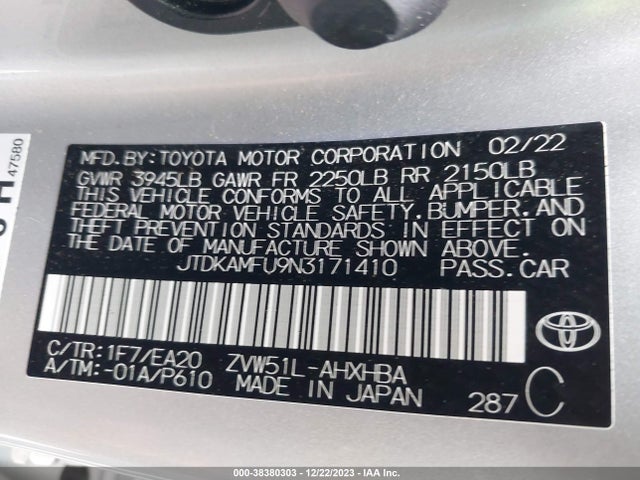 Продаж на аукціоні авто 2022 Toyota Prius Nightshade Edition, vin: JTDKAMFU9N3171410, номер лоту: 38380303