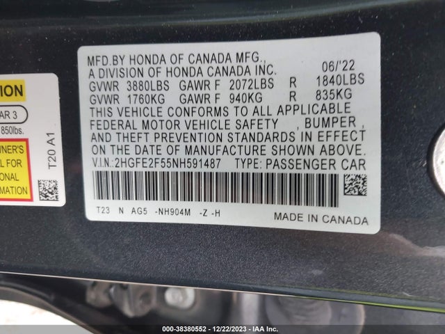Honda Civic Sport 2022 2HGFE2F55NH591487 Image 9