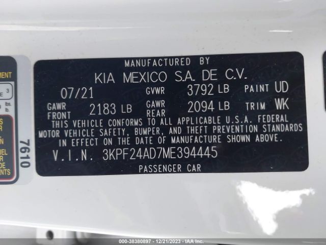 3KPF24AD7ME394445 KIA Forte Lxs