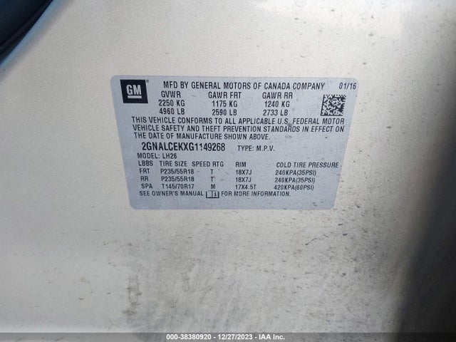 2016 CHEVROLET EQUINOX LT VIN: 2GNALCEKXG1149268