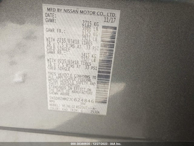 Nissan Pathfinder Sl 2018 5N1DR2MM2JC624846 Image 9
