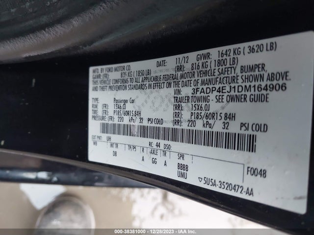 2013 FORD FIESTA SE VIN: 3FADP4EJ1DM164906