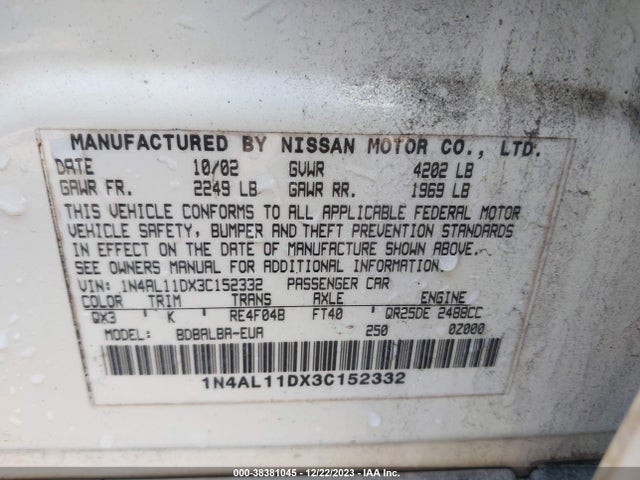 2003 NISSAN ALTIMA S VIN: 1N4AL11DX3C152332