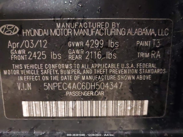 2013 HYUNDAI SONATA LIMITED VIN: 5NPEC4AC6DH504347