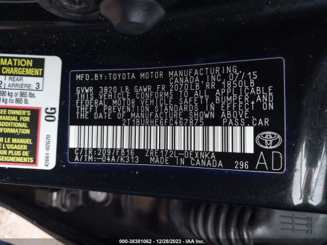 2T1BURHE6FC467875 Toyota Corolla Le Plus