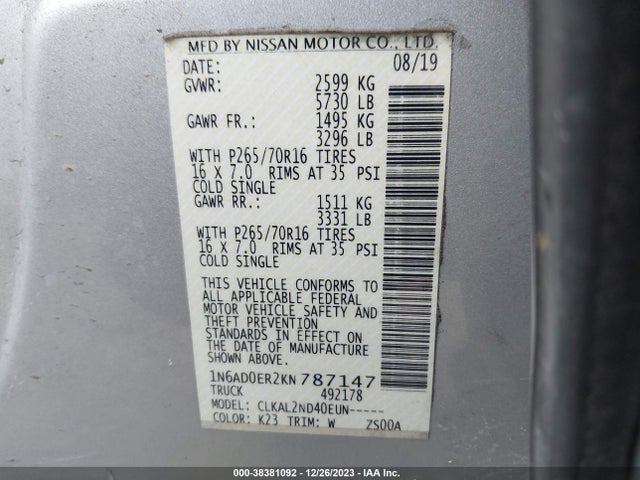 Nissan Frontier Sv 2019 1N6AD0ER2KN787147 Image 9
