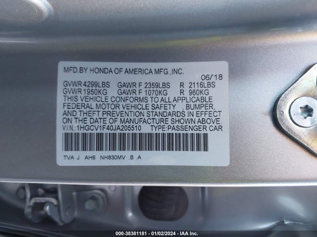 Honda ACCORD EX 2018 1HGCV1F40JA205510 Image 9