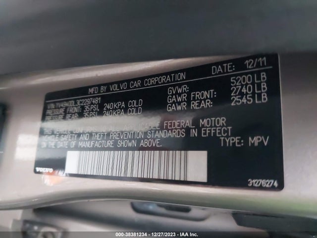 2012 VOLVO XC60 3.2/3.2 PLATINUM/3.2 PREMIER/3.2 PREMIER PLUS VIN: YV4940DL3C2297481