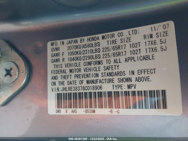 2008 HONDA CR-V LX VIN: JHLRE38378C018906