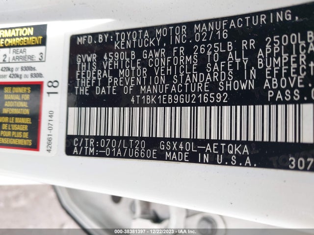 2016 TOYOTA AVALON TOURING VIN: 4T1BK1EB9GU216592