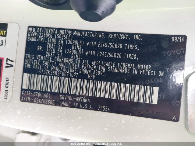 Toyota Venza Xle V6 2015 4T3ZK3BB2FU071027 Image 9