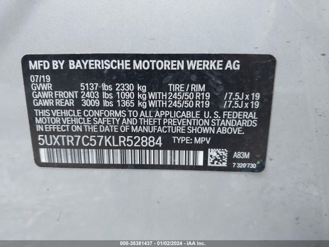 2019 BMW X3 SDRIVE30I VIN: 5UXTR7C57KLR52884