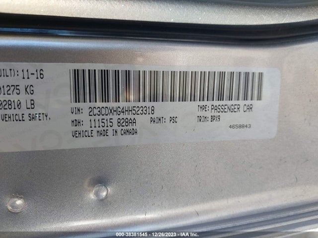 2017 DODGE CHARGER SXT RWD VIN: 2C3CDXHG4HH523318