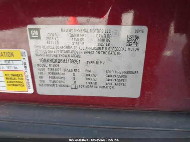 Chevrolet Traverse 1lt 2017 1GNKRGKD6HJ109261 Image 9