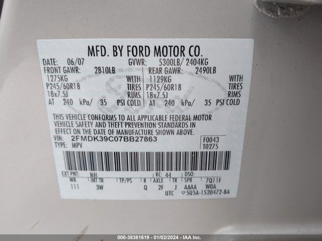 2007 FORD EDGE SEL PLUS VIN: 2FMDK39C07BB27863