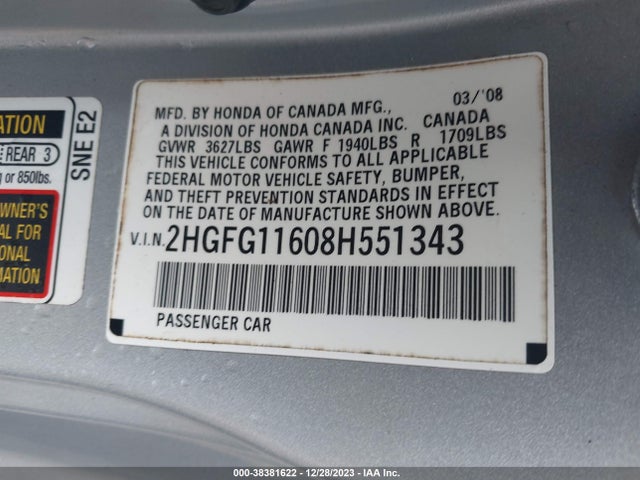2008 HONDA CIVIC LX VIN: 2HGFG11608H551343