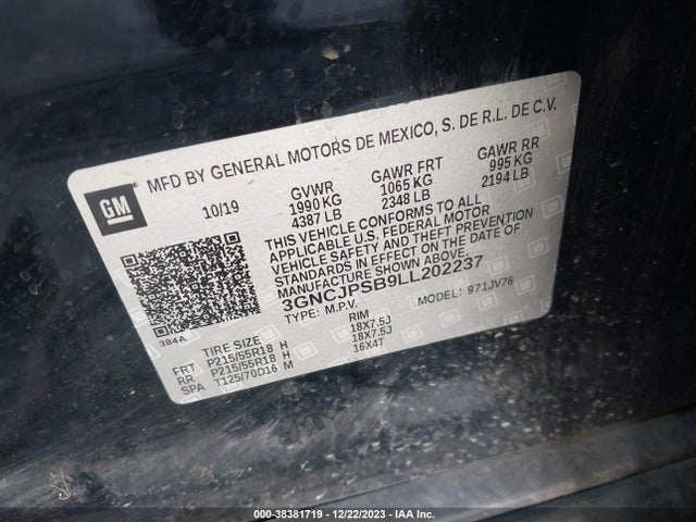 Aukcja sprzedaży 2020 Chevrolet Trax Awd Lt, vin: 3GNCJPSB9LL202237, numer aukcji: 38381719