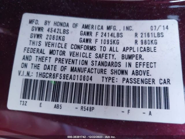 1HGCR6F59EA010604 Honda Accord Hybrid Ex-l
