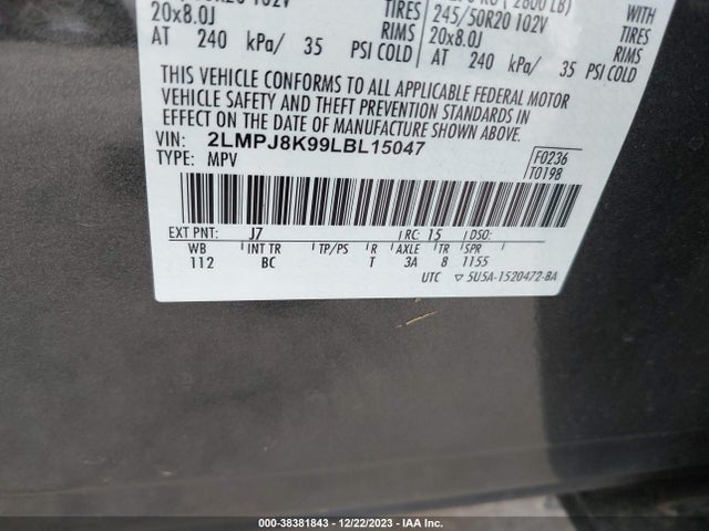 2020 LINCOLN NAUTILUS RESERVE VIN: 2LMPJ8K99LBL15047