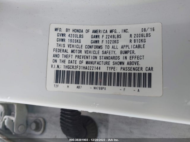 Honda ACCORD LX 2017 1HGCR2F31HA022144 Image 9