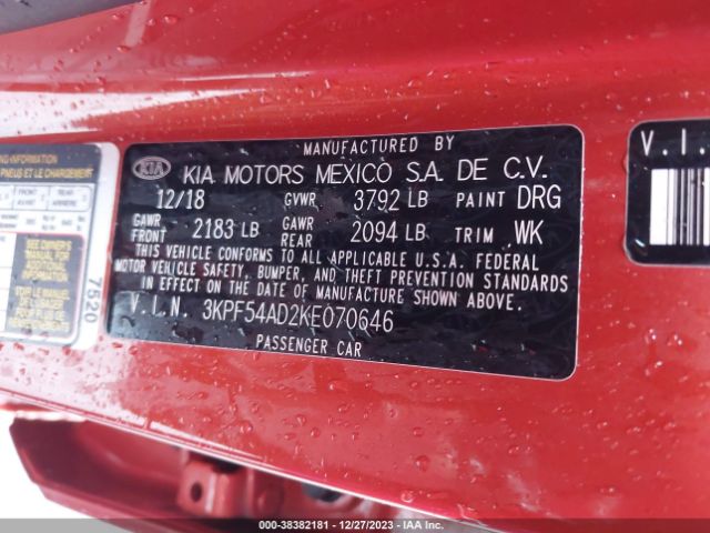 3KPF54AD2KE070646 KIA FORTE EX
