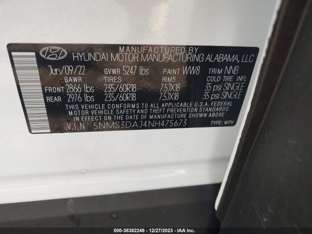 2022 HYUNDAI SANTA FE SEL VIN: 5NMS3DAJ4NH475673