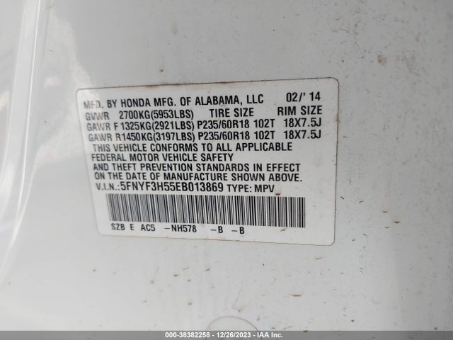 Продаж на аукціоні авто 2014 Honda Pilot Ex-l, vin: 5FNYF3H55EB013869, номер лоту: 38382258