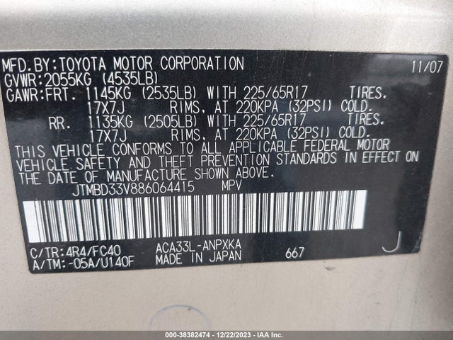 2008 TOYOTA RAV4 VIN: JTMBD33V886064415