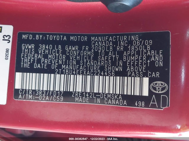 2010 TOYOTA COROLLA S VIN: 2T1BU4EEXAC224456