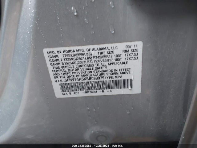 2011 HONDA PILOT EX-L VIN: 5FNYF4H5XBB090979