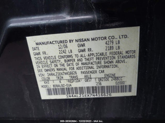 2007 NISSAN ALTIMA 2.5 S VIN: 1N4AL21EX7N416626