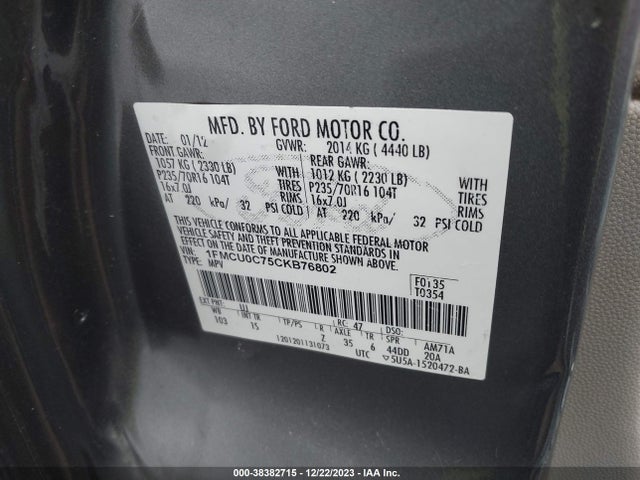 2012 FORD ESCAPE XLS VIN: 1FMCU0C75CKB76802