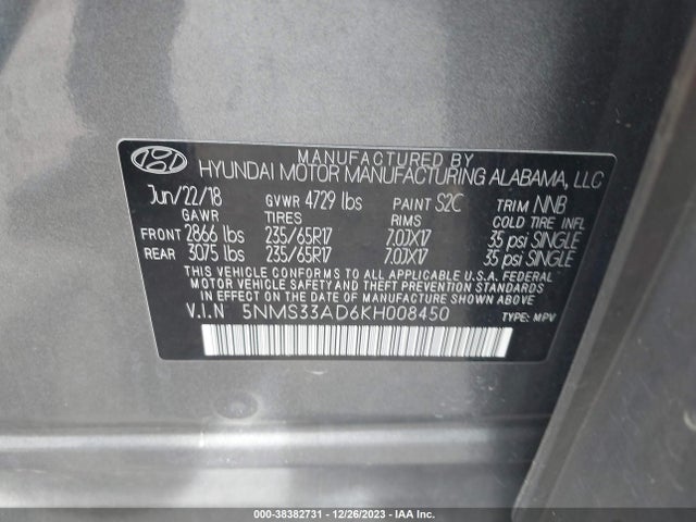2019 HYUNDAI SANTA FE SEL VIN: 5NMS33AD6KH008450