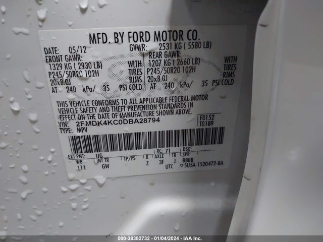 2013 FORD EDGE LIMITED VIN: 2FMDK4KC0DBA28794