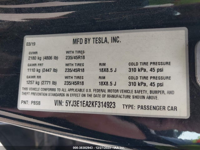 Tesla Model 3 Long Range/mid Range/standard Range/standard Range Plus 2019 5YJ3E1EA2KF314923 Image 9