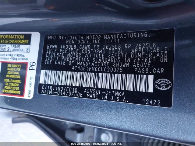 2012 TOYOTA CAMRY LE VIN: 4T1BF1FK0CU020375