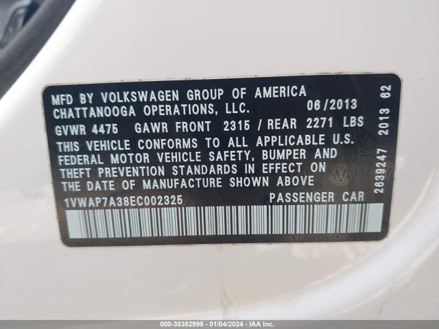 Volkswagen Passat 2.5l Wolfsburg Edition 2014 1VWAP7A38EC002325 Image 9