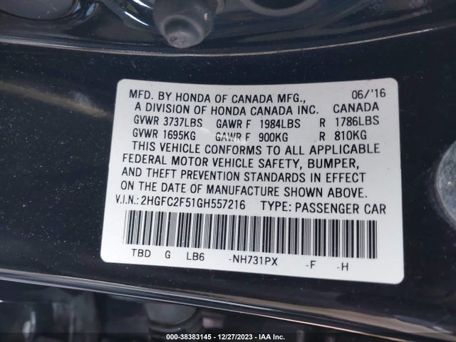 Honda Civic Lx 2016 2HGFC2F51GH557216 Image 9