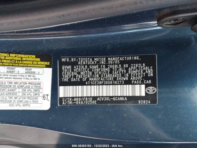 2006 TOYOTA CAMRY SOLARA SE VIN: 4T1CE38P36U616273