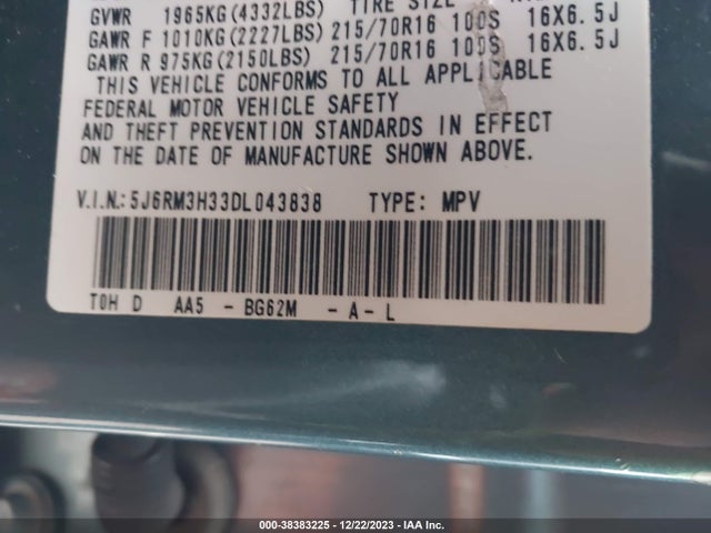 2013 HONDA CR-V LX VIN: 5J6RM3H33DL043838