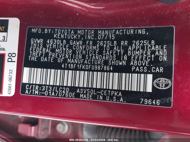 Toyota CAMRY XSE 2015 4T1BF1FK0FU987864 Image 9