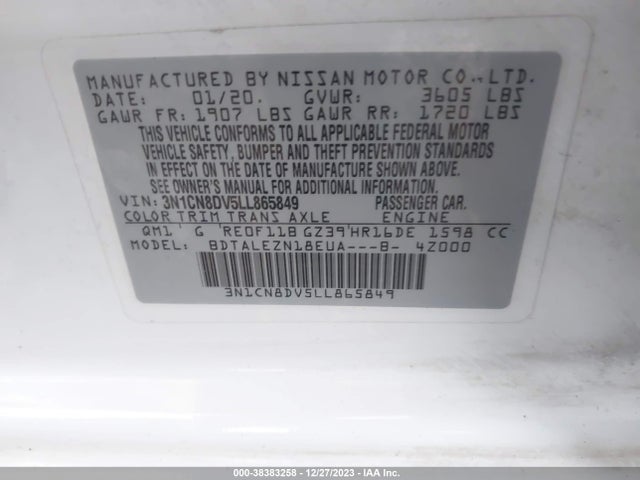 Nissan Versa S Xtronic Cvt 2020 3N1CN8DV5LL865849 Image 9