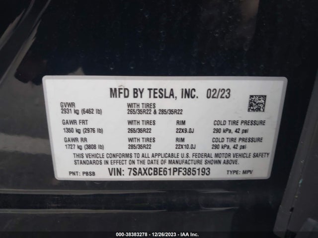 7SAXCBE61PF385193 Tesla Model X Plaid Tri Motor All-wheel Drive