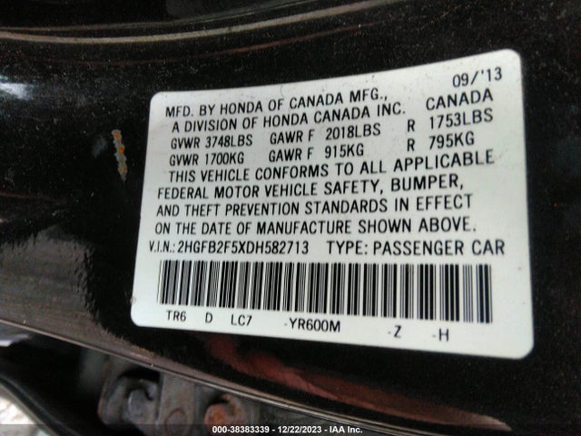 2013 HONDA CIVIC LX VIN: 2HGFB2F5XDH582713