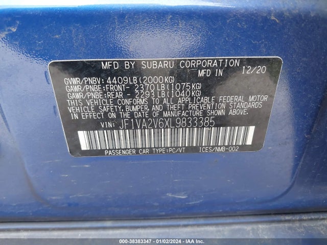 38383347 :رقم المزاد ، JF1VA2V6XL9833385 vin ، 2020 Subaru Wrx Sti Limited مزاد بيع