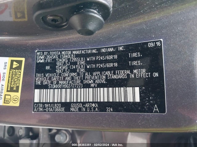 Toyota Highlander Xle V6 2016 5TDKKRFH9GS177223 Image 9