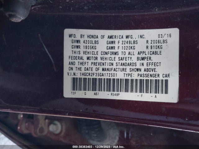Honda ACCORD LX 2016 1HGCR2F35GA172501 Image 9