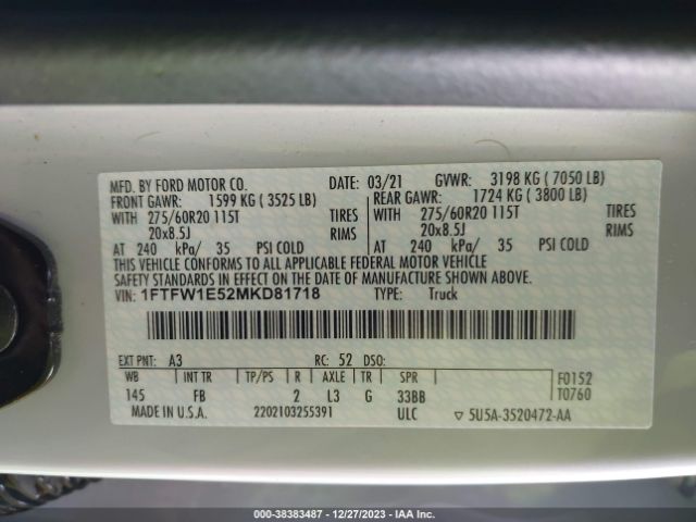 1FTFW1E52MKD81718 Ford F-150 Xlt