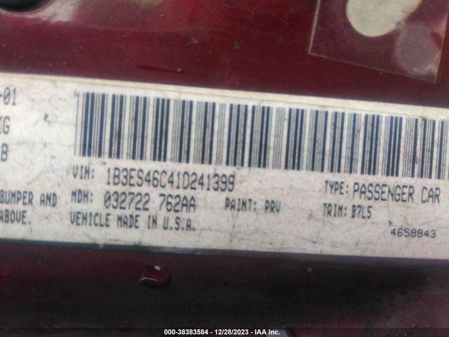 2001 DODGE NEON HIGHLINE VIN: 1B3ES46C41D241399