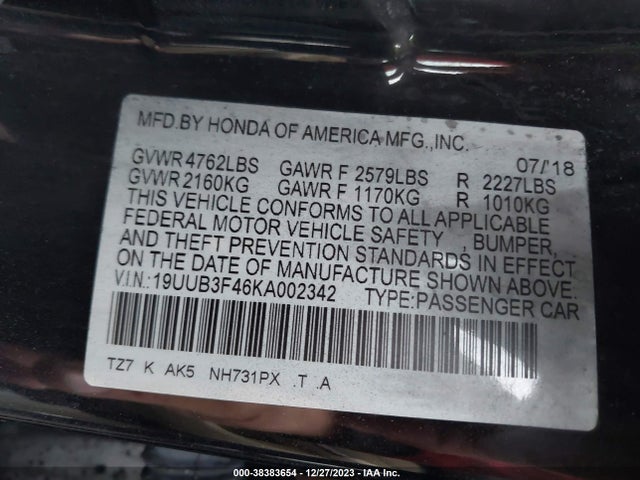 19UUB3F46KA002342 Acura Tlx Tech Pkg